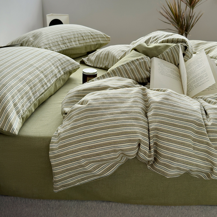 91家纺网 家纺一手货源 找家纺 水洗的故事（原有乐家） 2025新款秋冬全棉贡缎色织提花条纹款四件套 织麦