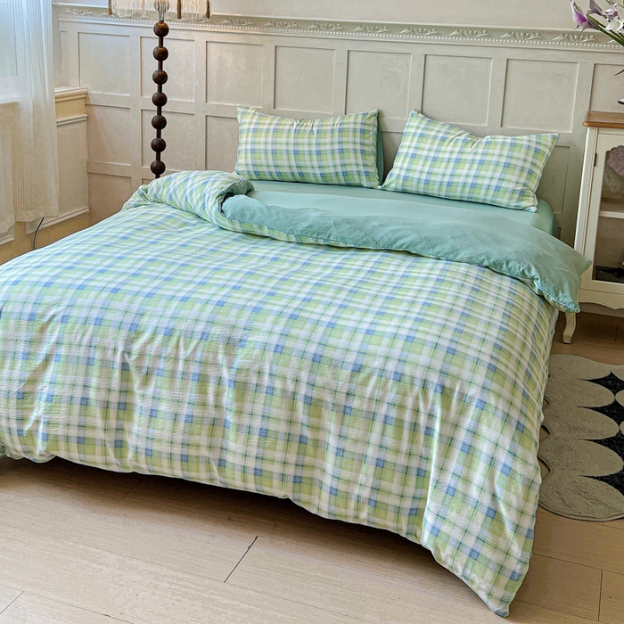 91家纺网 家纺一手货源 找家纺 绒裕家纺 2025学生季直播爆款云感皱皱纱四件套 星空绿