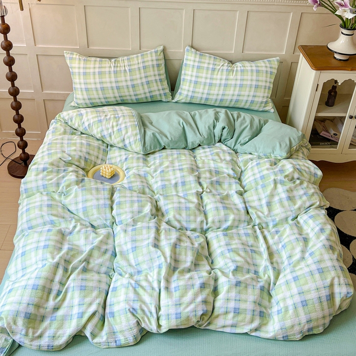 91家纺网 家纺一手货源 找家纺 绒裕家纺 2025学生季直播爆款云感皱皱纱四件套 星空绿