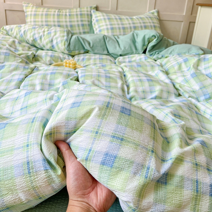 91家纺网 家纺一手货源 找家纺 绒裕家纺 2025学生季直播爆款云感皱皱纱四件套 星空绿