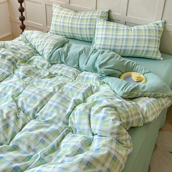 91家纺网 家纺一手货源 找家纺 绒裕家纺 2025学生季直播爆款云感皱皱纱四件套 星空绿