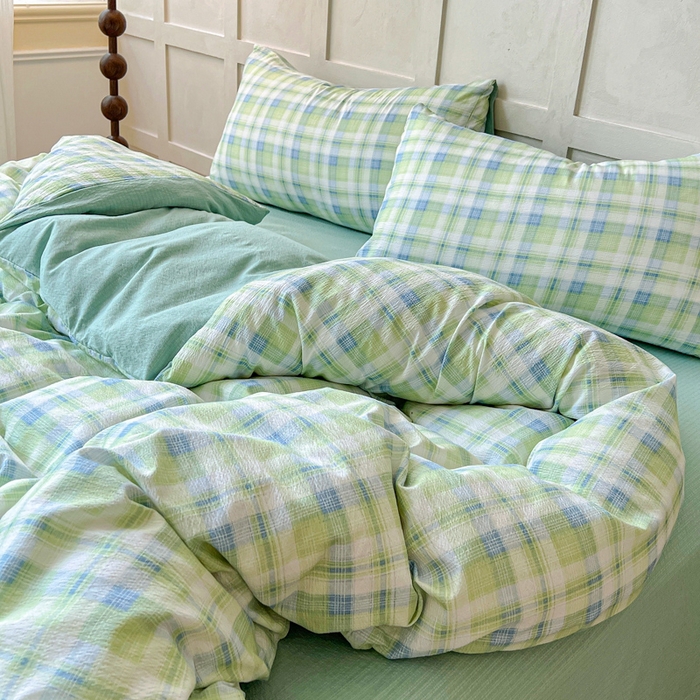 91家纺网 家纺一手货源 找家纺 绒裕家纺 2025学生季直播爆款云感皱皱纱四件套 星空绿