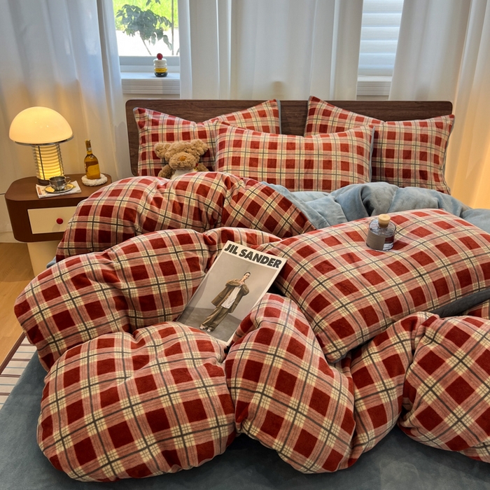 （总）桃子家居 2025新款A类ins简约奢尚渐变复古格子加厚牛奶绒四件套