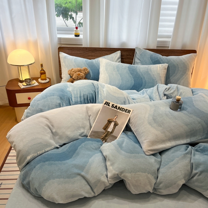 桃子家居 2025新款A类ins简约奢尚渐变复古格子加厚牛奶绒四件套 绒-暮光蓝