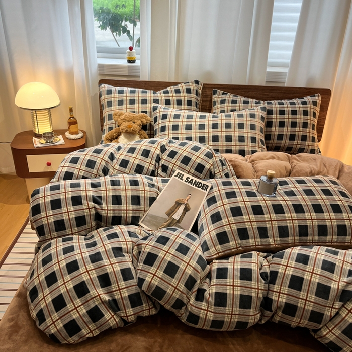 桃子家居 2025新款A类ins简约奢尚渐变复古格子加厚牛奶绒四件套 绒-苏格蓝棕