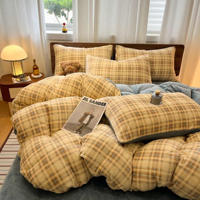 桃子家居 2025新款A类ins简约奢尚渐变复古格子加厚牛奶绒四件套 绒-中古奶咖格蓝