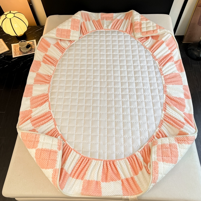 91家纺网 家纺一手货源 找家纺 欧邦 2025新款加厚菠萝格豆豆绒夹棉床笠 床笠单件 菠萝格-粉色