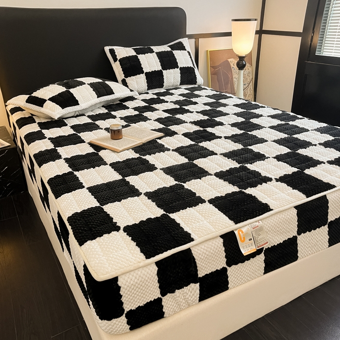 91家纺网 家纺一手货源 找家纺 欧邦 2025新款加厚菠萝格豆豆绒夹棉床笠 床笠单件 菠萝格-黑白