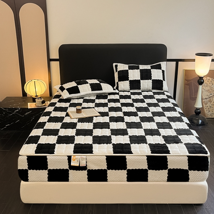 91家纺网 家纺一手货源 找家纺 欧邦 2025新款加厚菠萝格豆豆绒夹棉床笠 床笠单件 菠萝格-黑白