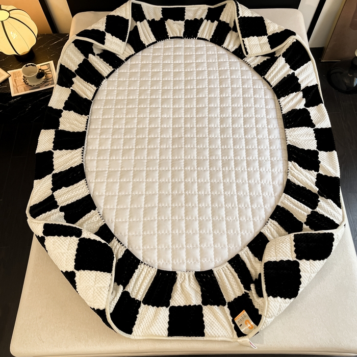 91家纺网 家纺一手货源 找家纺 欧邦 2025新款加厚菠萝格豆豆绒夹棉床笠 床笠单件 菠萝格-黑白