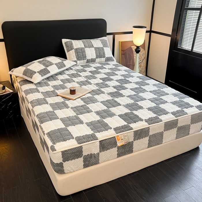 91家纺网 家纺一手货源 找家纺 欧邦 2025新款加厚菠萝格豆豆绒夹棉床笠 床笠单件 菠萝格-灰色