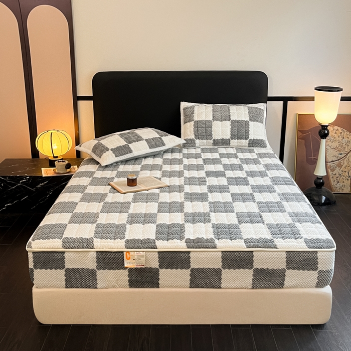 91家纺网 家纺一手货源 找家纺 欧邦 2025新款加厚菠萝格豆豆绒夹棉床笠 床笠单件 菠萝格-灰色