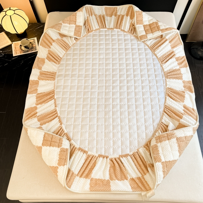 91家纺网 家纺一手货源 找家纺 欧邦 2025新款加厚菠萝格豆豆绒夹棉床笠 床笠单件 菠萝格-驼色