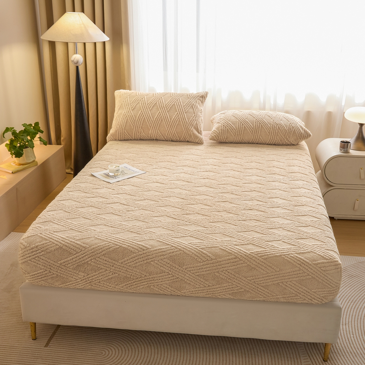 91家纺网 家纺一手货源 找家纺 欧邦 2025新款跨境提花塔芙绒单床笠 床笠单件-素简系列 素简-卡其