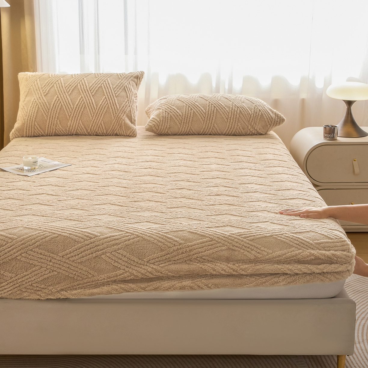 91家纺网 家纺一手货源 找家纺 欧邦 2025新款跨境提花塔芙绒单床笠 床笠单件-素简系列 素简-卡其