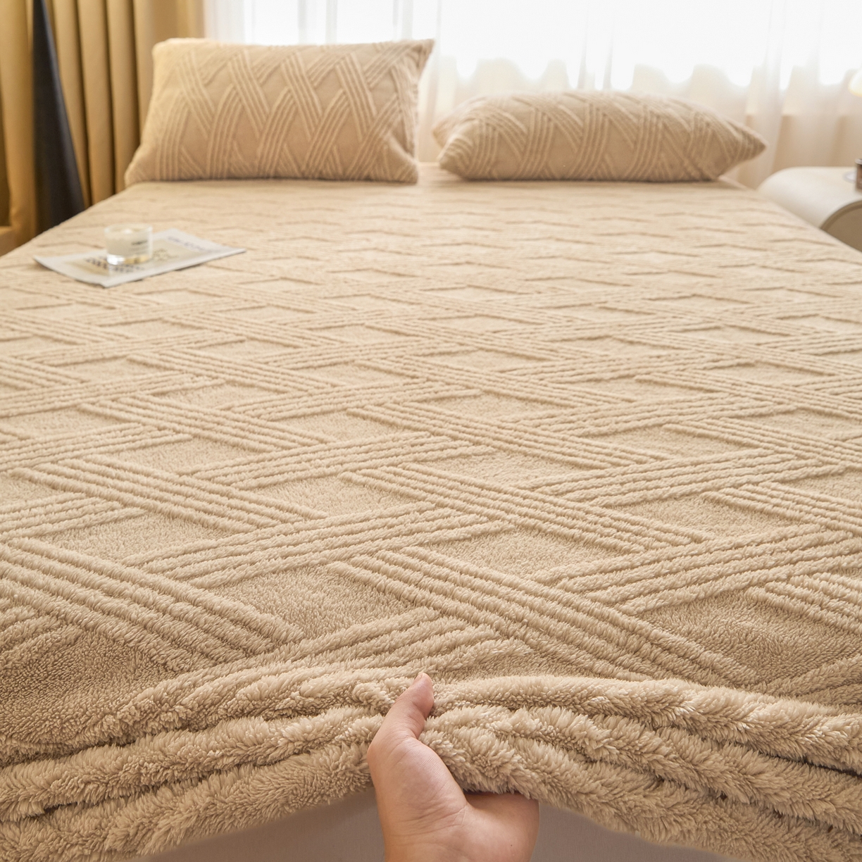 91家纺网 家纺一手货源 找家纺 欧邦 2025新款跨境提花塔芙绒单床笠 床笠单件-素简系列 素简-卡其