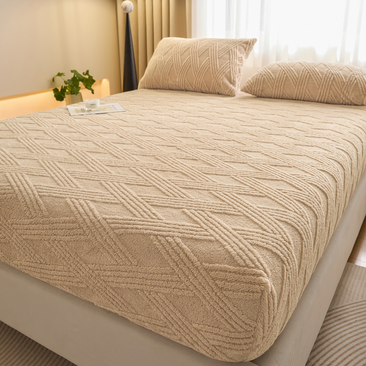 91家纺网 家纺一手货源 找家纺 欧邦 2025新款跨境提花塔芙绒单床笠 床笠单件-素简系列 素简-卡其