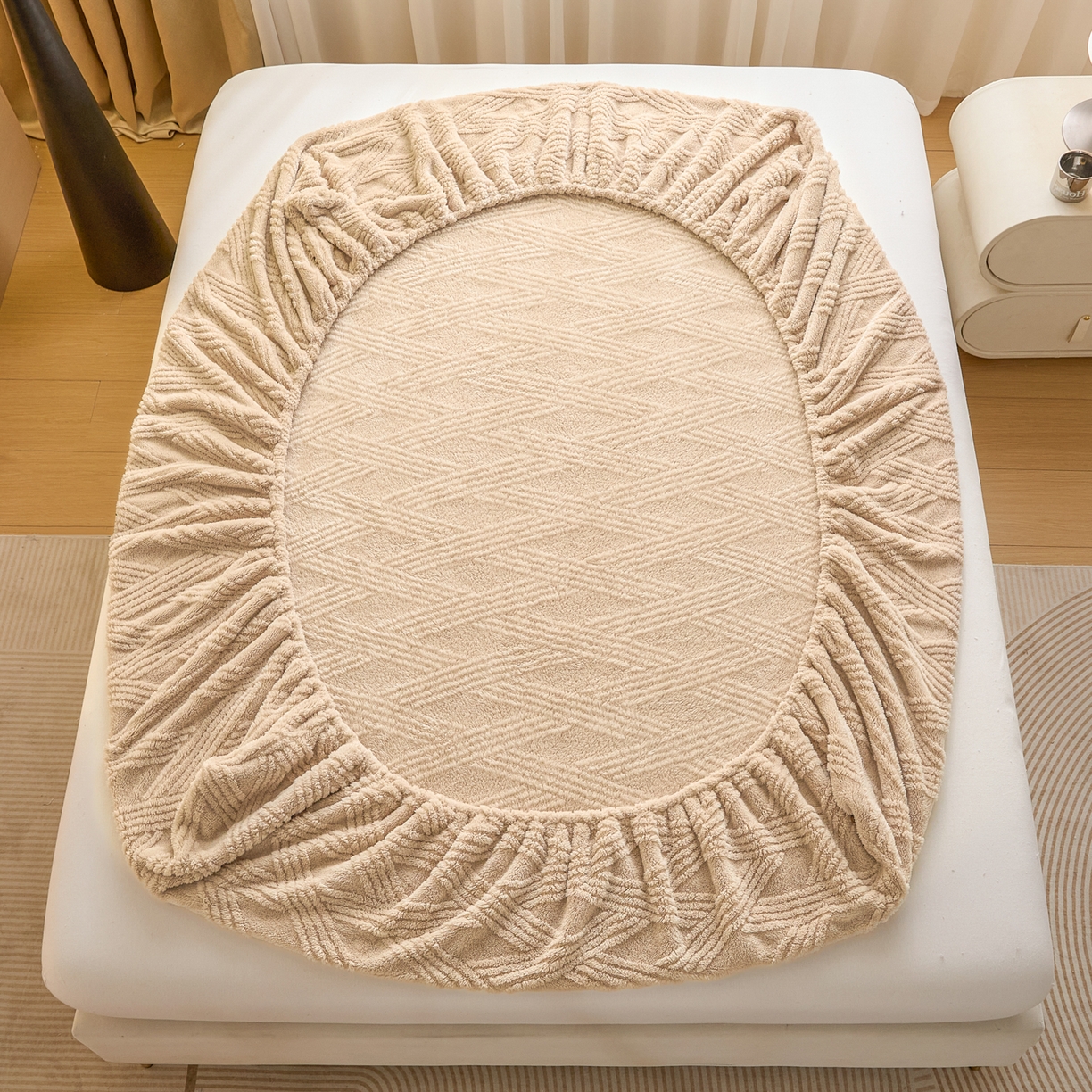 91家纺网 家纺一手货源 找家纺 欧邦 2025新款跨境提花塔芙绒单床笠 床笠单件-素简系列 素简-卡其