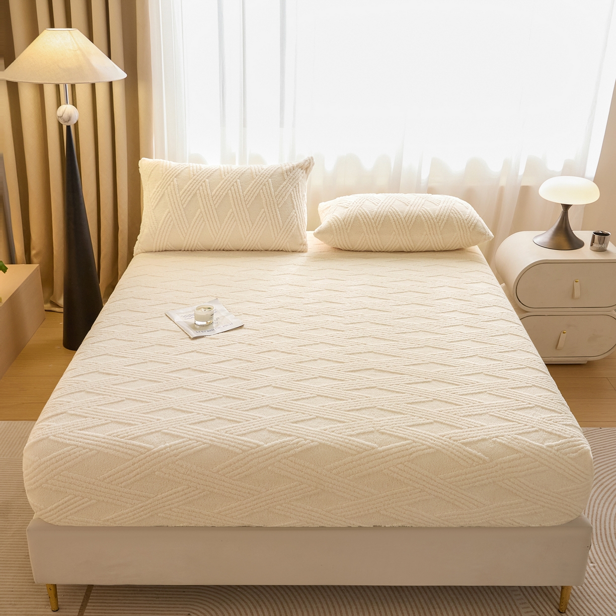 91家纺网 家纺一手货源 找家纺 欧邦 2025新款跨境提花塔芙绒单床笠 床笠单件-素简系列 素简-米白