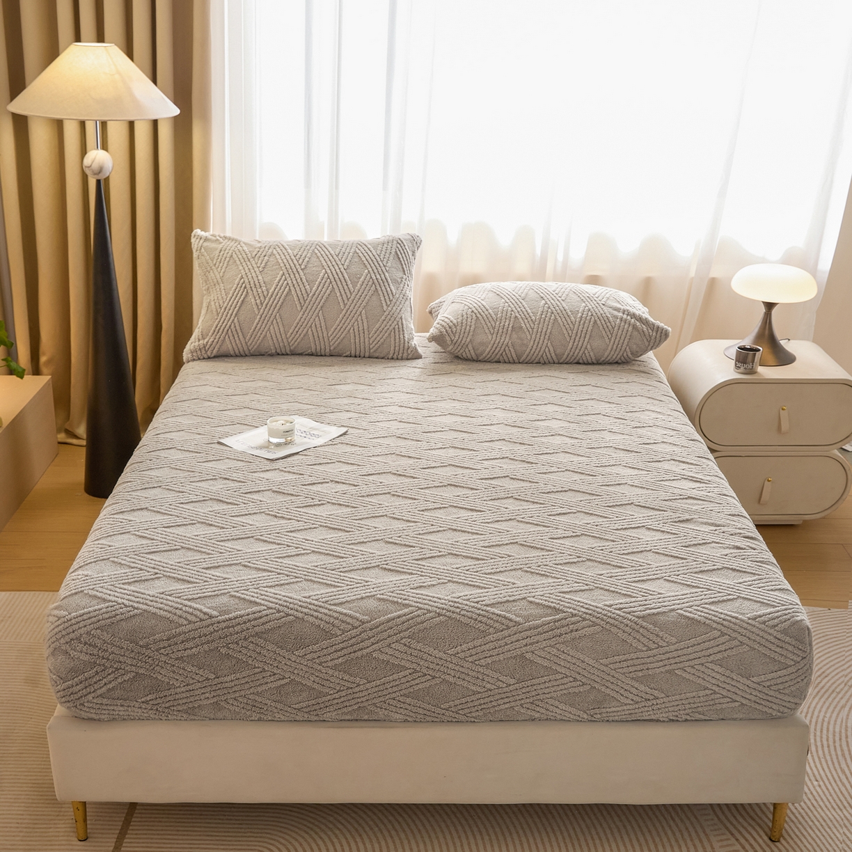 91家纺网 家纺一手货源 找家纺 欧邦 2025新款跨境提花塔芙绒单床笠 床笠单件-素简系列 素简-浅灰