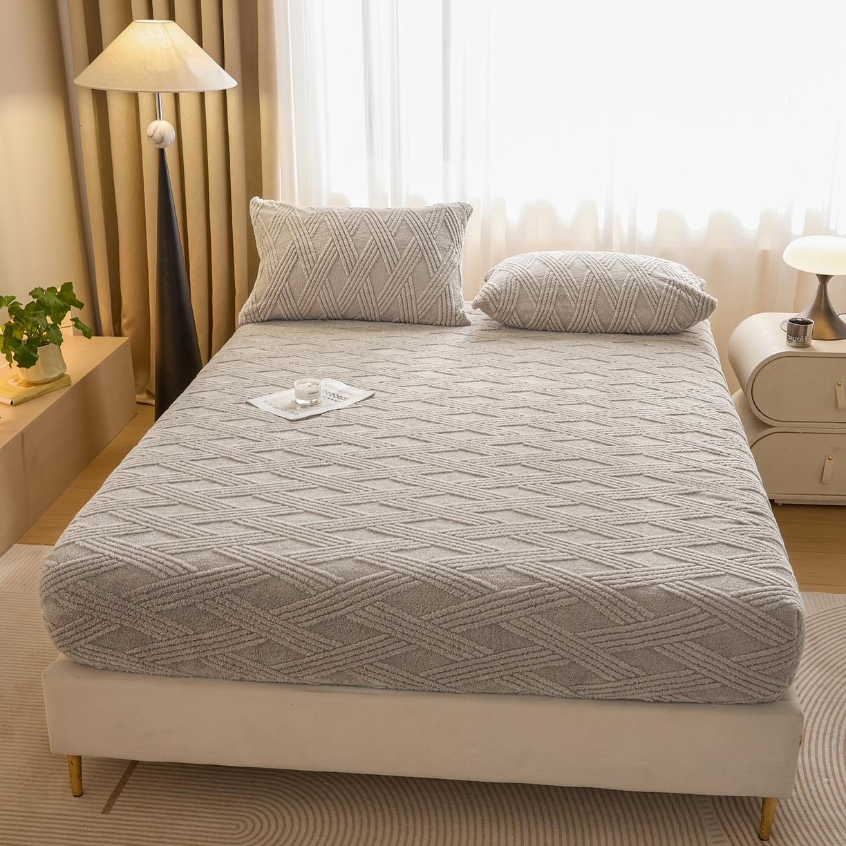 91家纺网 家纺一手货源 找家纺 欧邦 2025新款跨境提花塔芙绒单床笠 床笠单件-素简系列 素简-浅灰