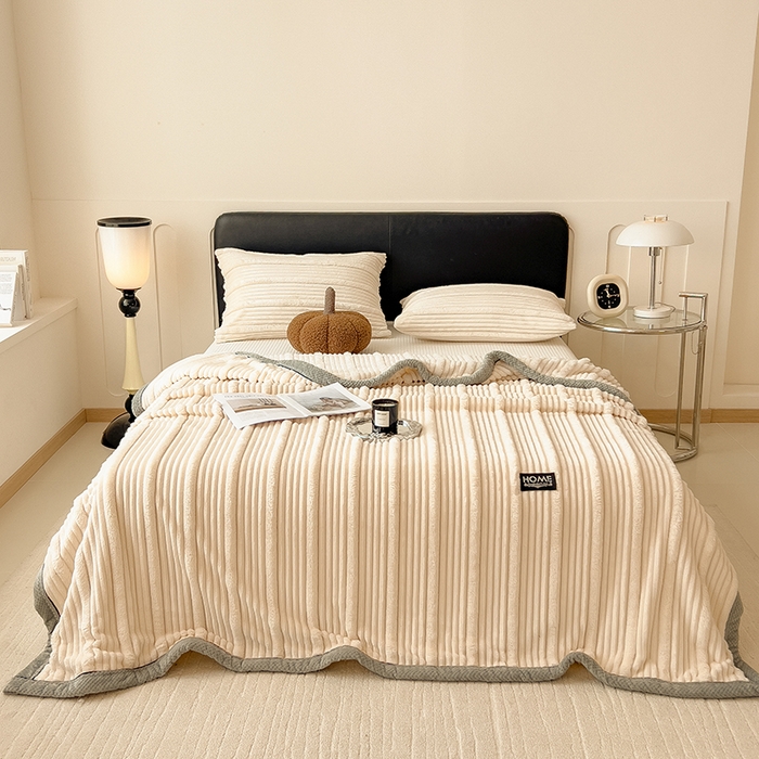 91家纺网 家纺一手货源 找家纺 欧邦 2025新款子母条灰边毛毯毯子多功能盖毯 子母条-米白灰边