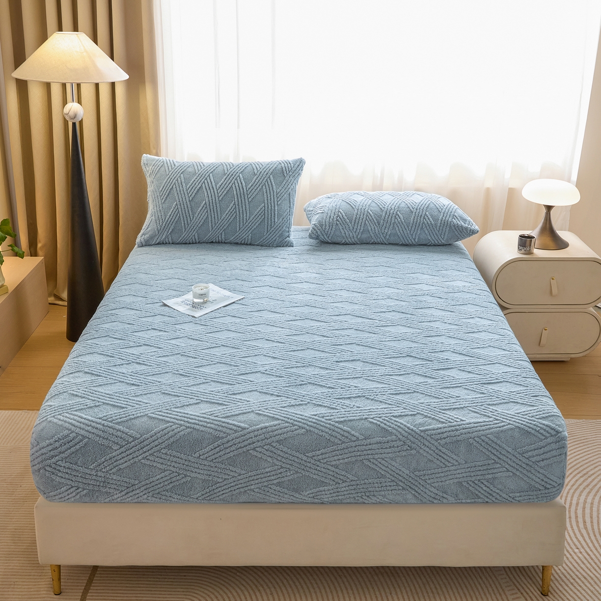 91家纺网 家纺一手货源 找家纺 欧邦 2025新款跨境提花塔芙绒单床笠 床笠单件-素简系列 素简-雾蓝