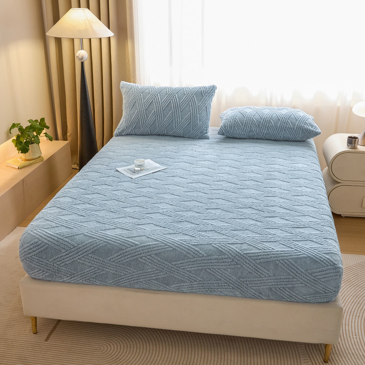 91家纺网 家纺一手货源 找家纺 欧邦 2025新款跨境提花塔芙绒单床笠 床笠单件-素简系列 素简-雾蓝