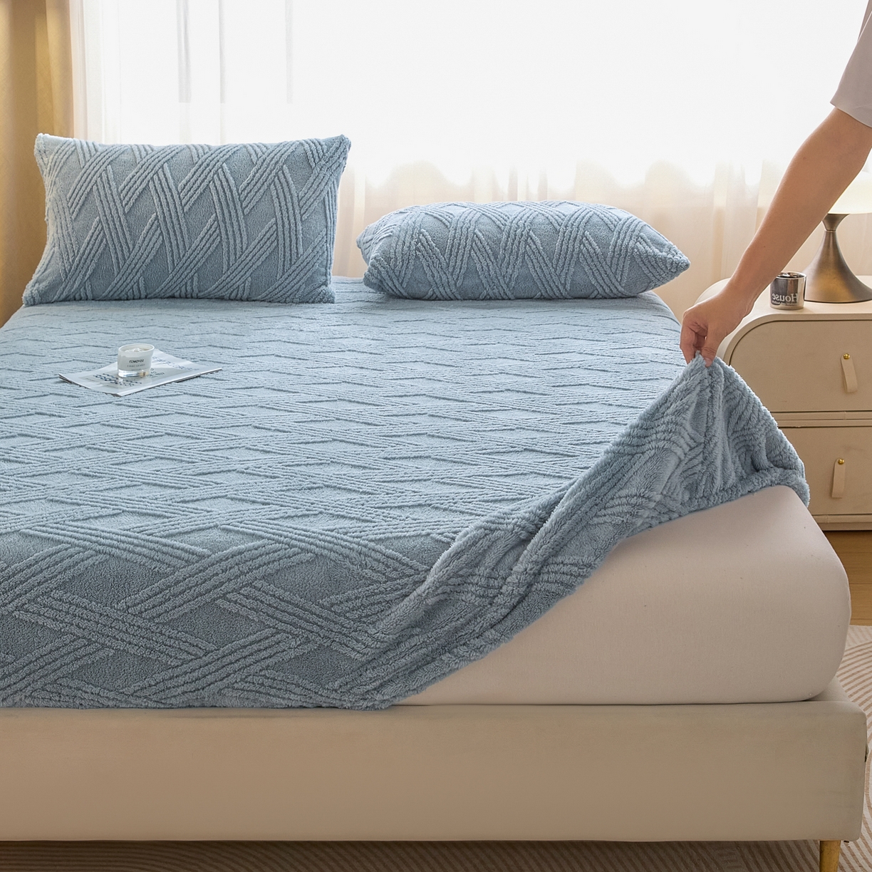 91家纺网 家纺一手货源 找家纺 欧邦 2025新款跨境提花塔芙绒单床笠 床笠单件-素简系列 素简-雾蓝