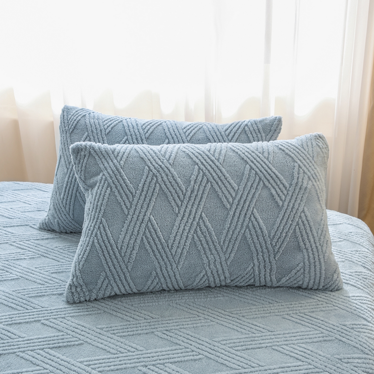 91家纺网 家纺一手货源 找家纺 欧邦 2025新款跨境提花塔芙绒单床笠 床笠单件-素简系列 素简-雾蓝