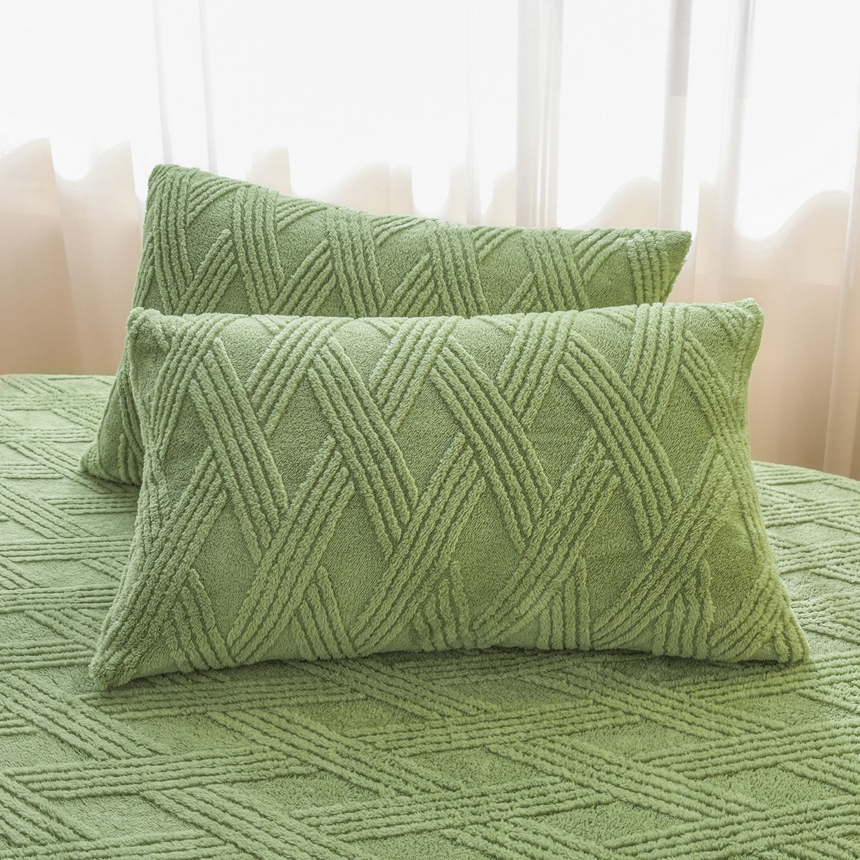 91家纺网 家纺一手货源 找家纺 欧邦 2025新款跨境提花塔芙绒单床笠 床笠单件-素简系列 素简-雅绿