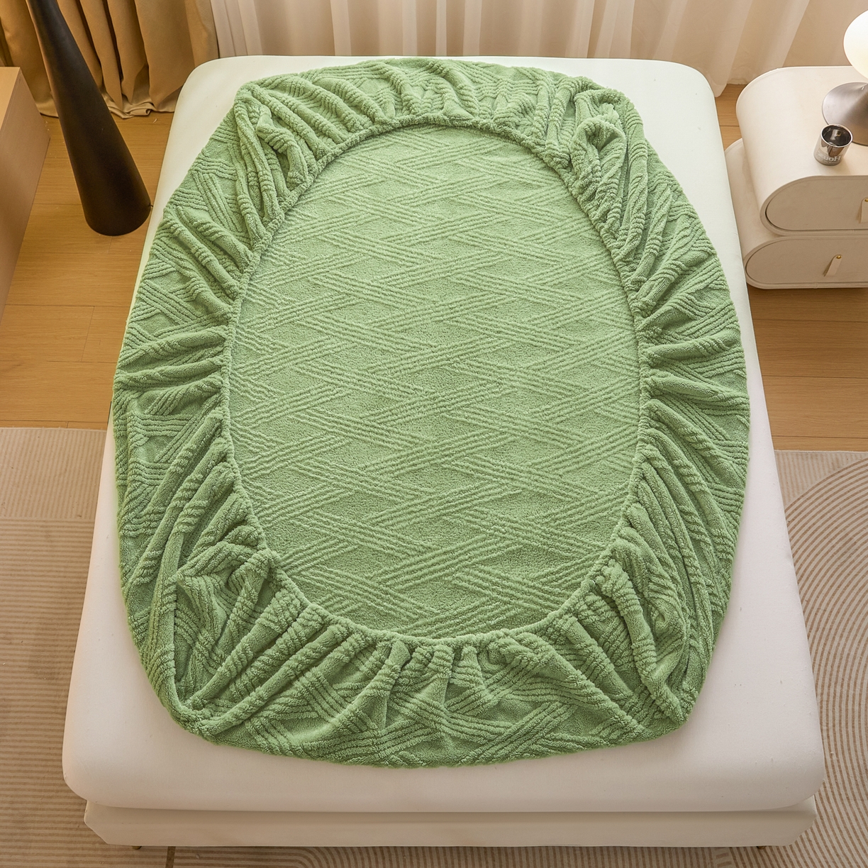 91家纺网 家纺一手货源 找家纺 欧邦 2025新款跨境提花塔芙绒单床笠 床笠单件-素简系列 素简-雅绿