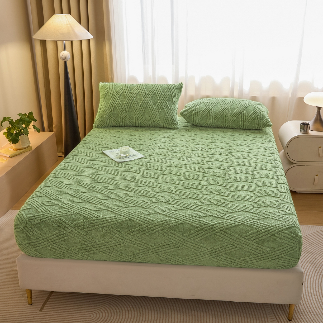 91家纺网 家纺一手货源 找家纺 欧邦 2025新款跨境提花塔芙绒单床笠 床笠单件-素简系列 素简-雅绿