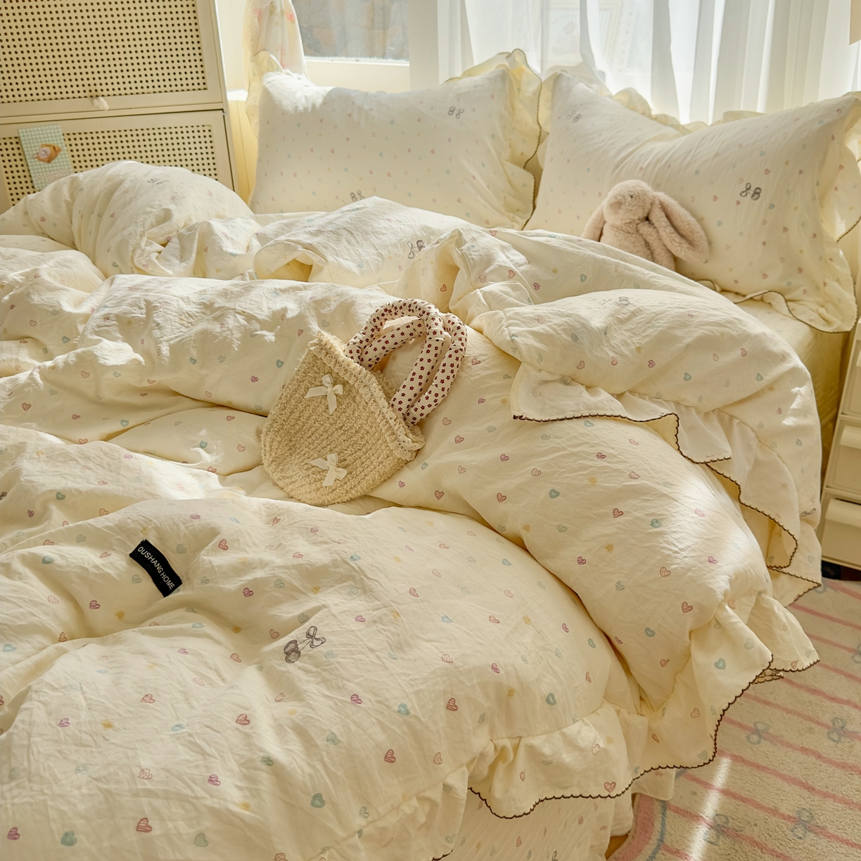 91家纺网 家纺一手货源 找家纺 欧尚 2025新款云柔棉床盖四件套 小心心