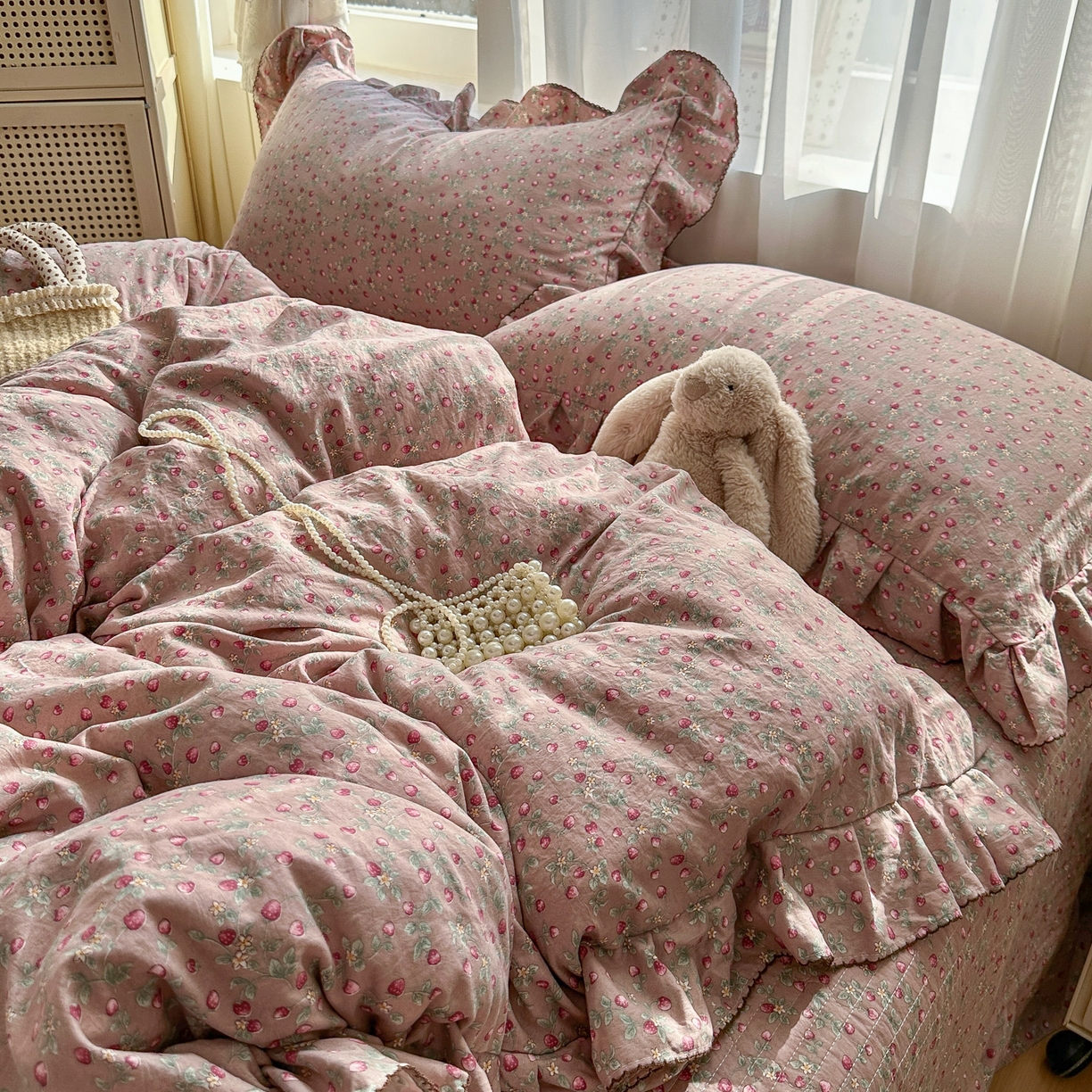 91家纺网 家纺一手货源 找家纺 欧尚 2025新款云柔棉床盖四件套 草莓