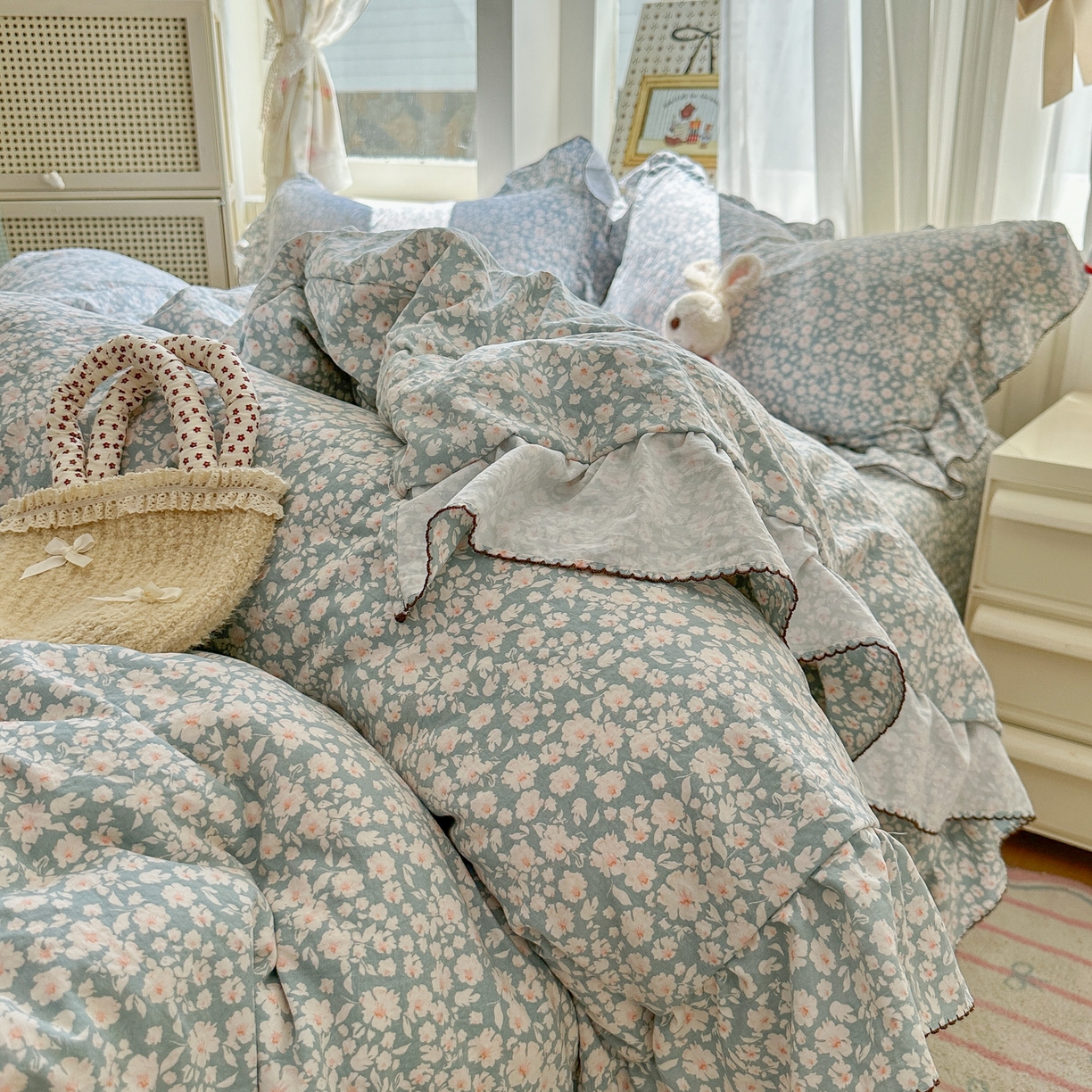 91家纺网 家纺一手货源 找家纺 欧尚 2025新款云柔棉床盖四件套 蓝郁