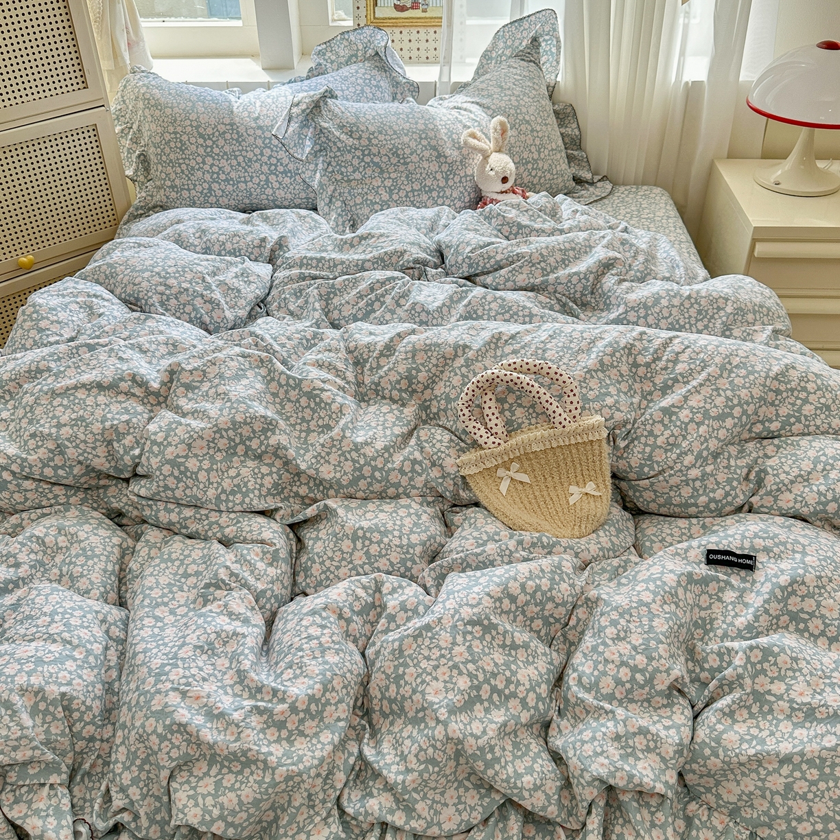 91家纺网 家纺一手货源 找家纺 欧尚 2025新款云柔棉床盖四件套 蓝郁