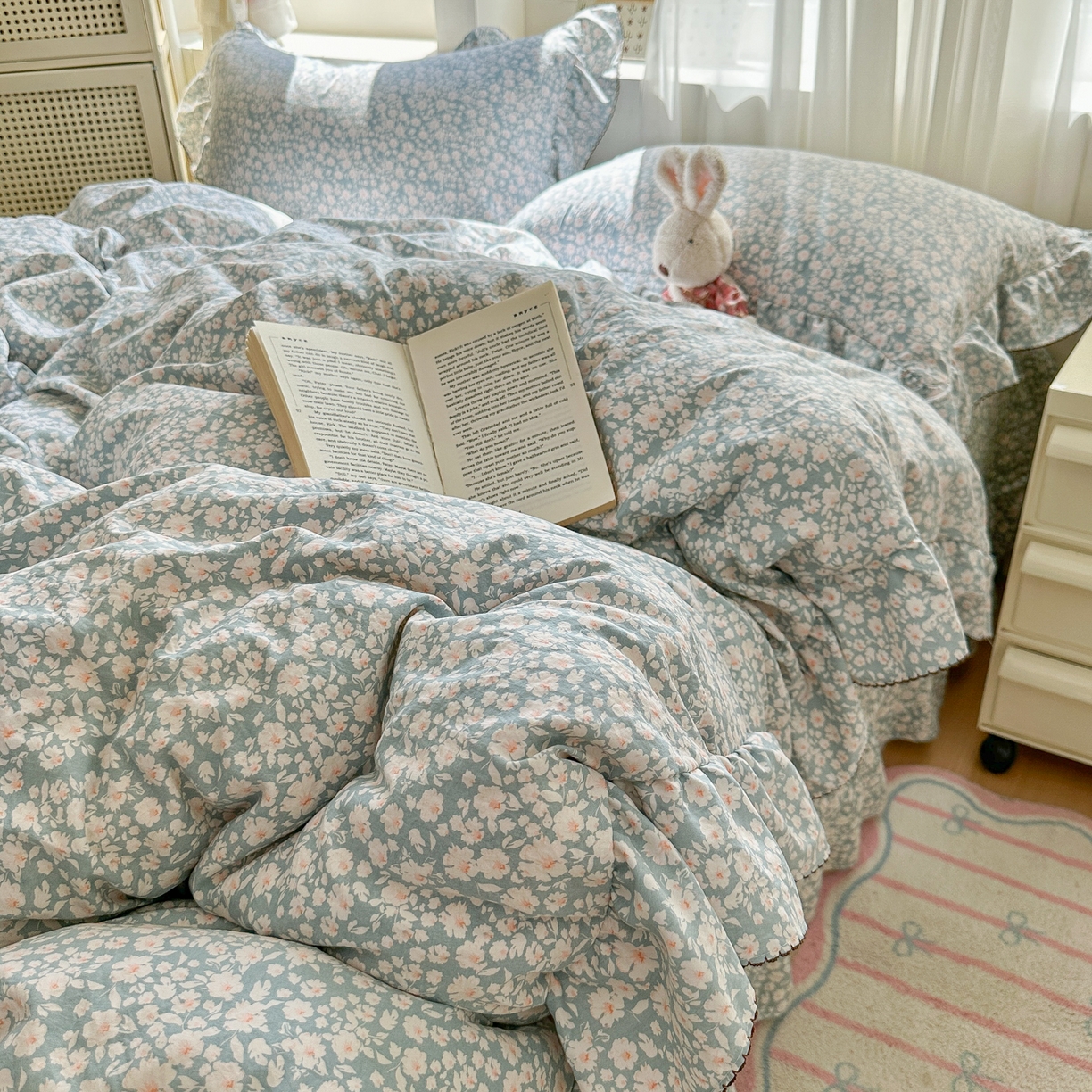 91家纺网 家纺一手货源 找家纺 欧尚 2025新款云柔棉床盖四件套 蓝郁