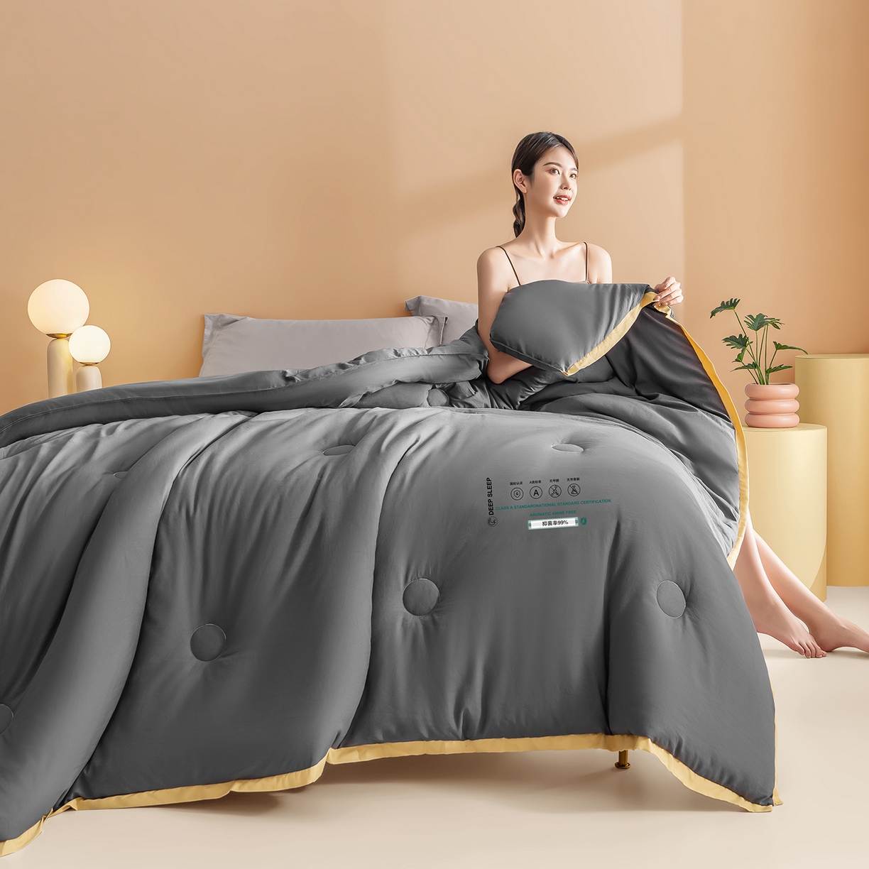 91家纺网 家纺一手货源 找家纺 品乐家纺 2025新款飞边大豆被烫画冬被被子被芯冬被 绅士灰