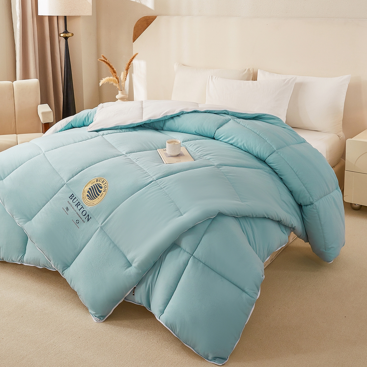 91家纺网 家纺一手货源 找家纺 品乐家纺 2025新款亲肤速暖大豆子母被被子被芯冬被 莫奈绿