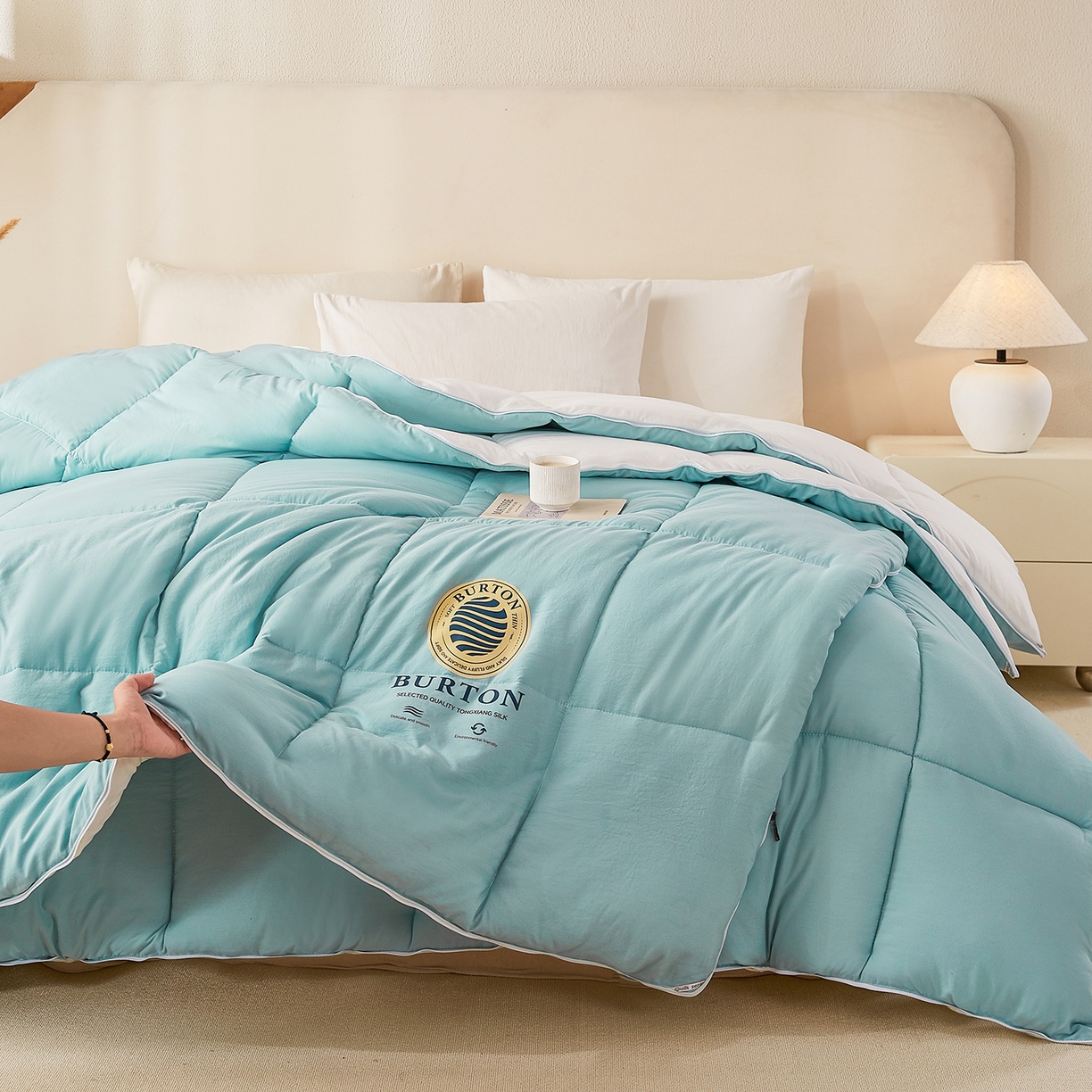 91家纺网 家纺一手货源 找家纺 品乐家纺 2025新款亲肤速暖大豆子母被被子被芯冬被 莫奈绿