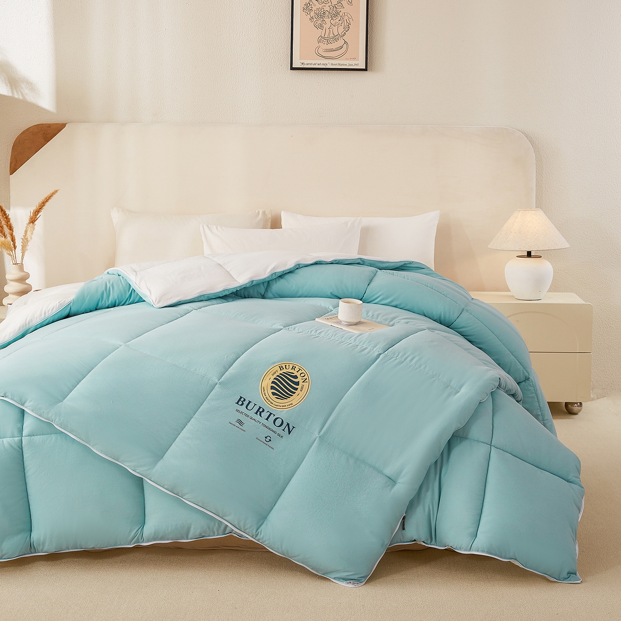 91家纺网 家纺一手货源 找家纺 品乐家纺 2025新款亲肤速暖大豆子母被被子被芯冬被 莫奈绿