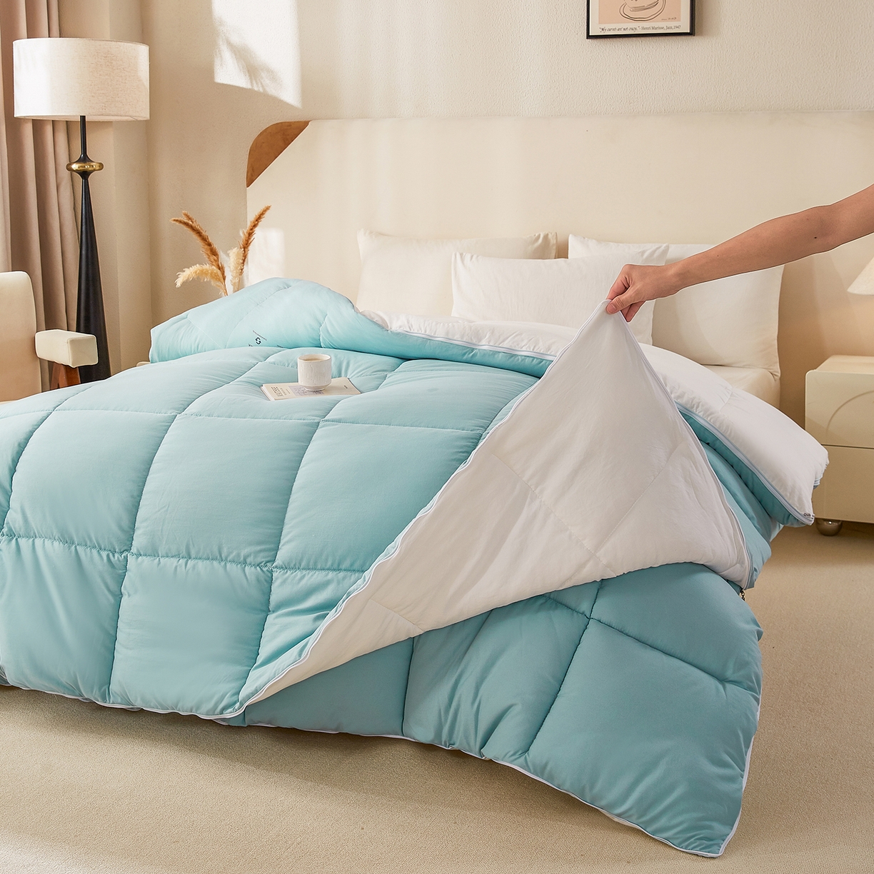 91家纺网 家纺一手货源 找家纺 品乐家纺 2025新款亲肤速暖大豆子母被被子被芯冬被 莫奈绿