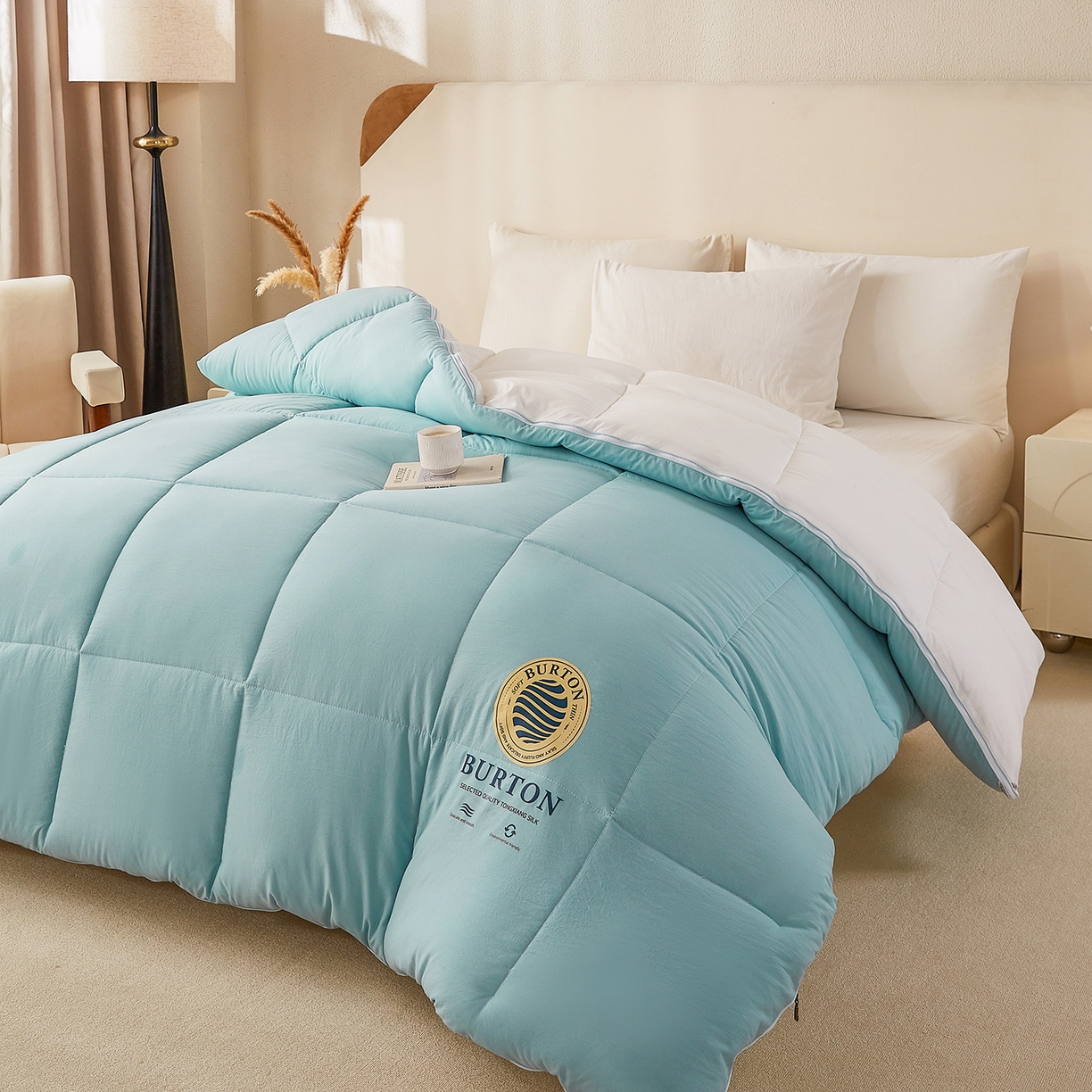 91家纺网 家纺一手货源 找家纺 品乐家纺 2025新款亲肤速暖大豆子母被被子被芯冬被 莫奈绿