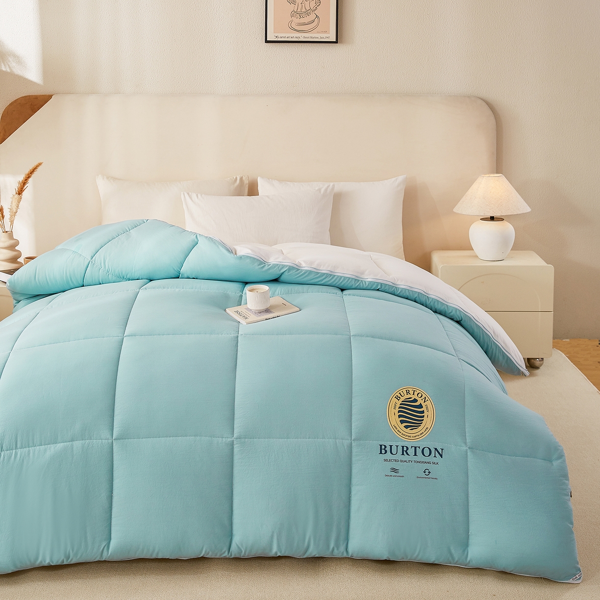 91家纺网 家纺一手货源 找家纺 品乐家纺 2025新款亲肤速暖大豆子母被被子被芯冬被 莫奈绿