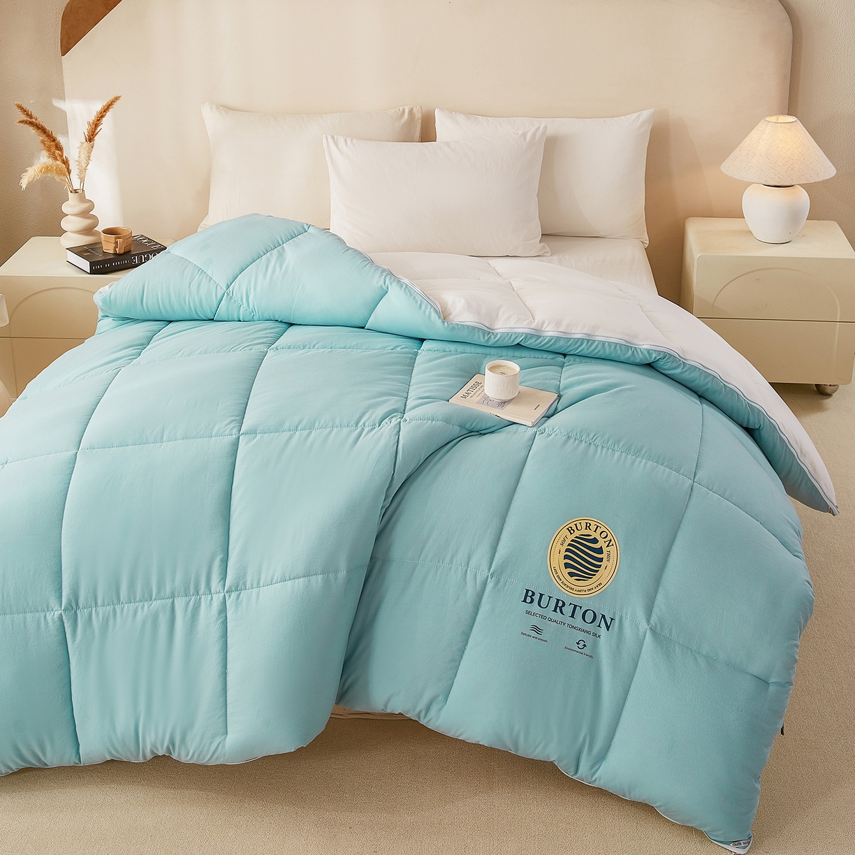 91家纺网 家纺一手货源 找家纺 品乐家纺 2025新款亲肤速暖大豆子母被被子被芯冬被 莫奈绿