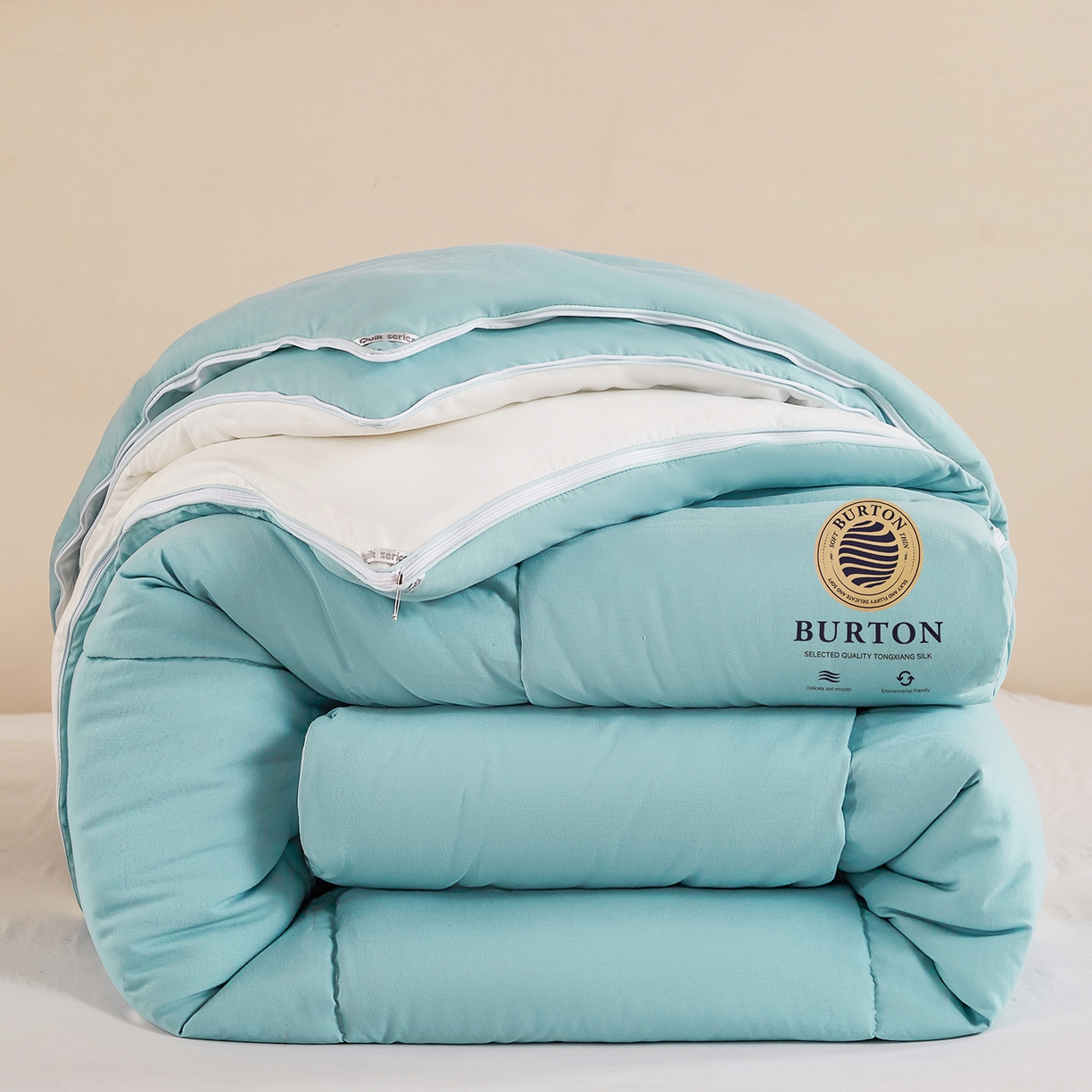 91家纺网 家纺一手货源 找家纺 品乐家纺 2025新款亲肤速暖大豆子母被被子被芯冬被 莫奈绿