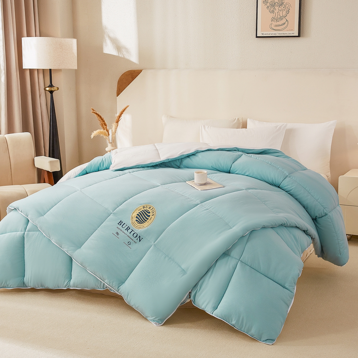 91家纺网 家纺一手货源 找家纺 品乐家纺 2025新款亲肤速暖大豆子母被被子被芯冬被 莫奈绿