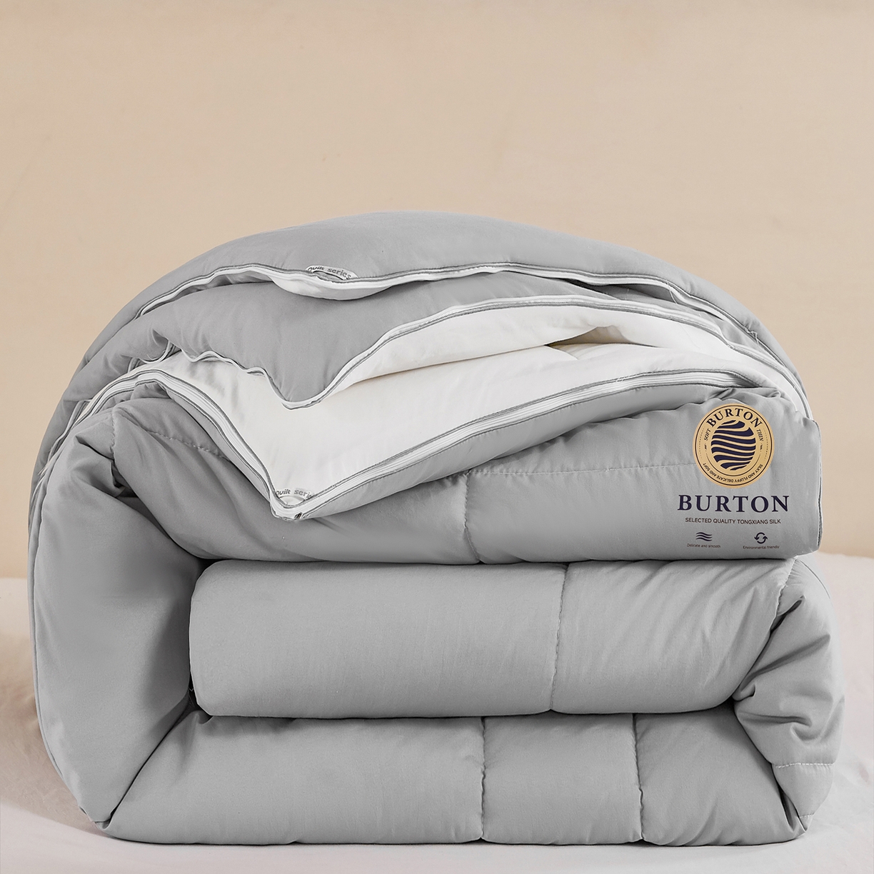 91家纺网 家纺一手货源 找家纺 品乐家纺 2025新款亲肤速暖大豆子母被被子被芯冬被 影雾灰