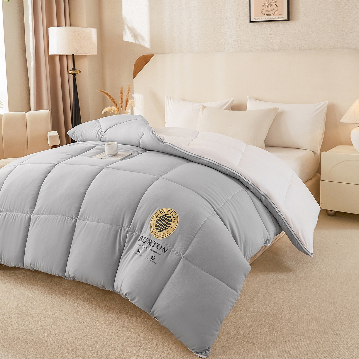 91家纺网 家纺一手货源 找家纺 品乐家纺 2025新款亲肤速暖大豆子母被被子被芯冬被 影雾灰